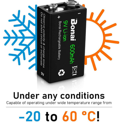Set 4 baterii 9 V reincarcabile litiu-ion, 600mAh, 6F22, dimensiune standard, acumulatori pentru detectoare de fum, microfoane si multe altele
