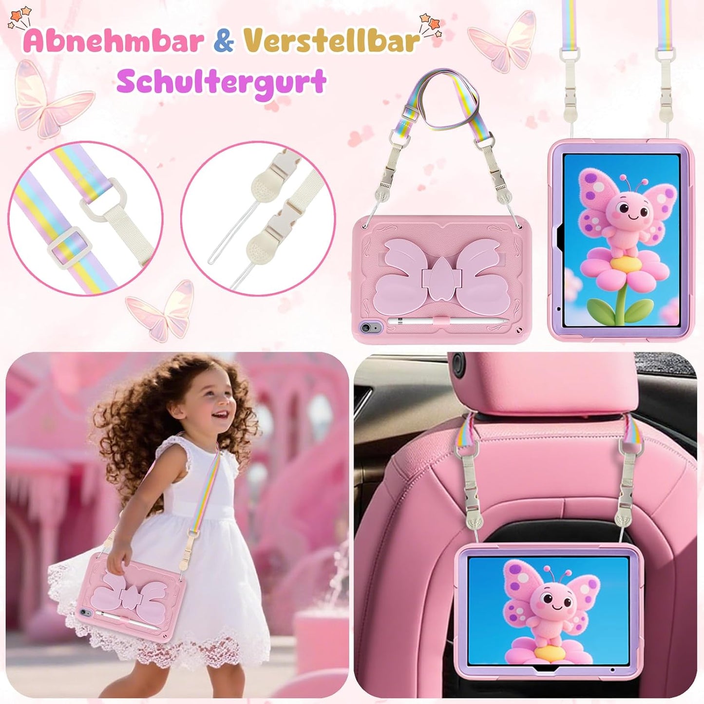 Husa Vunake tip fluture pentru iPad 11/10, cureaua de umăr detasabilă, suport stilou, roz