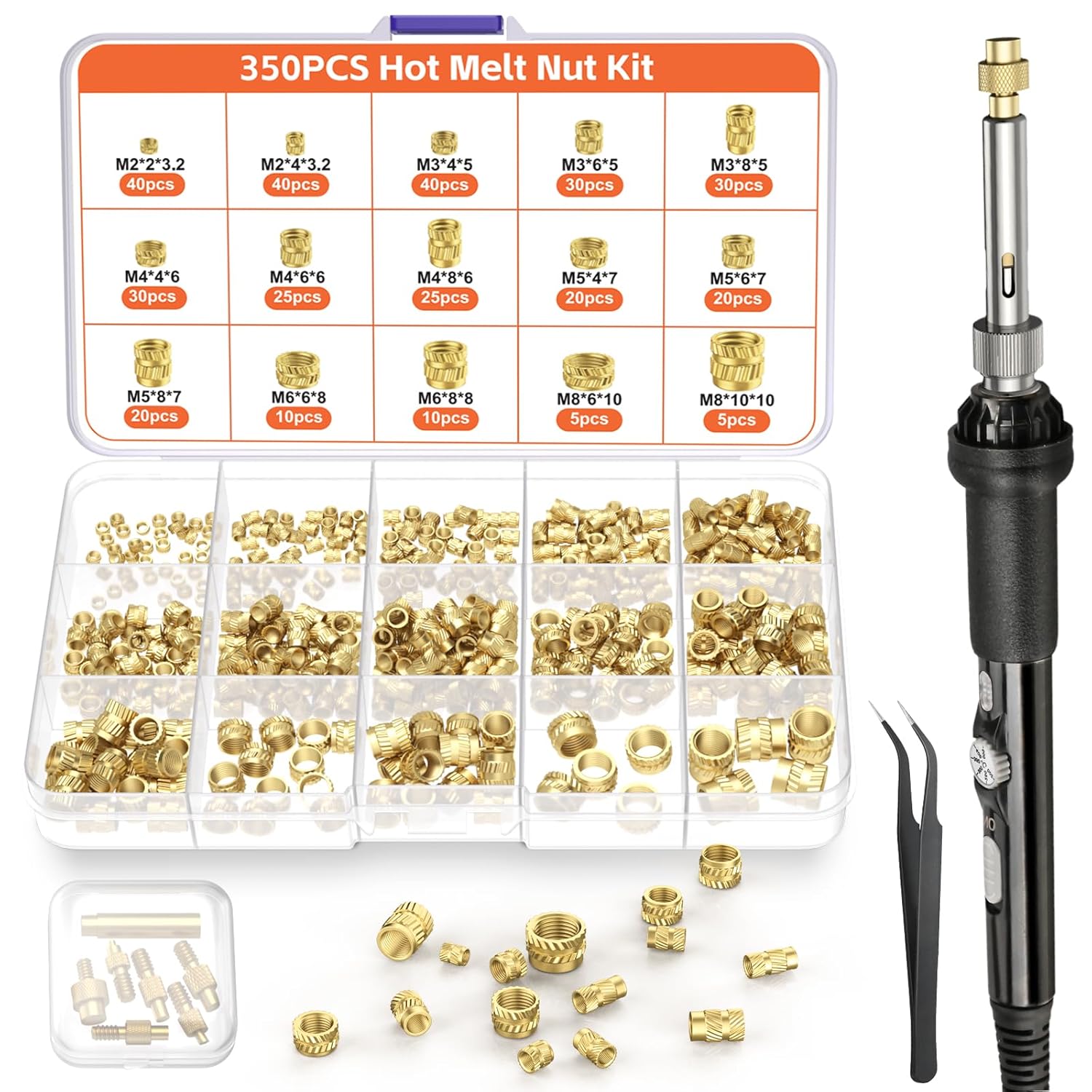 Set varfuri de lipire Preciva cu insertii filetate M2-M8, ciocan de lipit de 60 W, 6 varfuri de lipire + 350 insertii filetate, accesorii profesionale pentru lipit si reparatii DIY