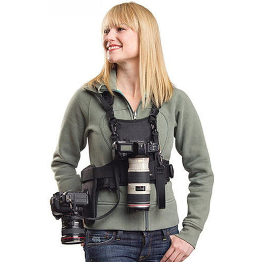 Curea de transport cu suport dublu pentru camere DSLR, compatibila cu Canon 6D, 5D Mark II/III, Nikon D800, D810, Sony A7S, A7R, A7S II, Sigma, Olympus, butuci de montare, toc lateral pentru acces rapid si curele de siguranta reglabile