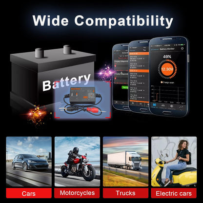 Tester baterie auto Bluetooth, dispozitiv monitorizare parametri baterie 12 V 100-2000 CCA, istoric masuratori, test pornire si incarcare, inregistrare timp clatorie, multifunctional