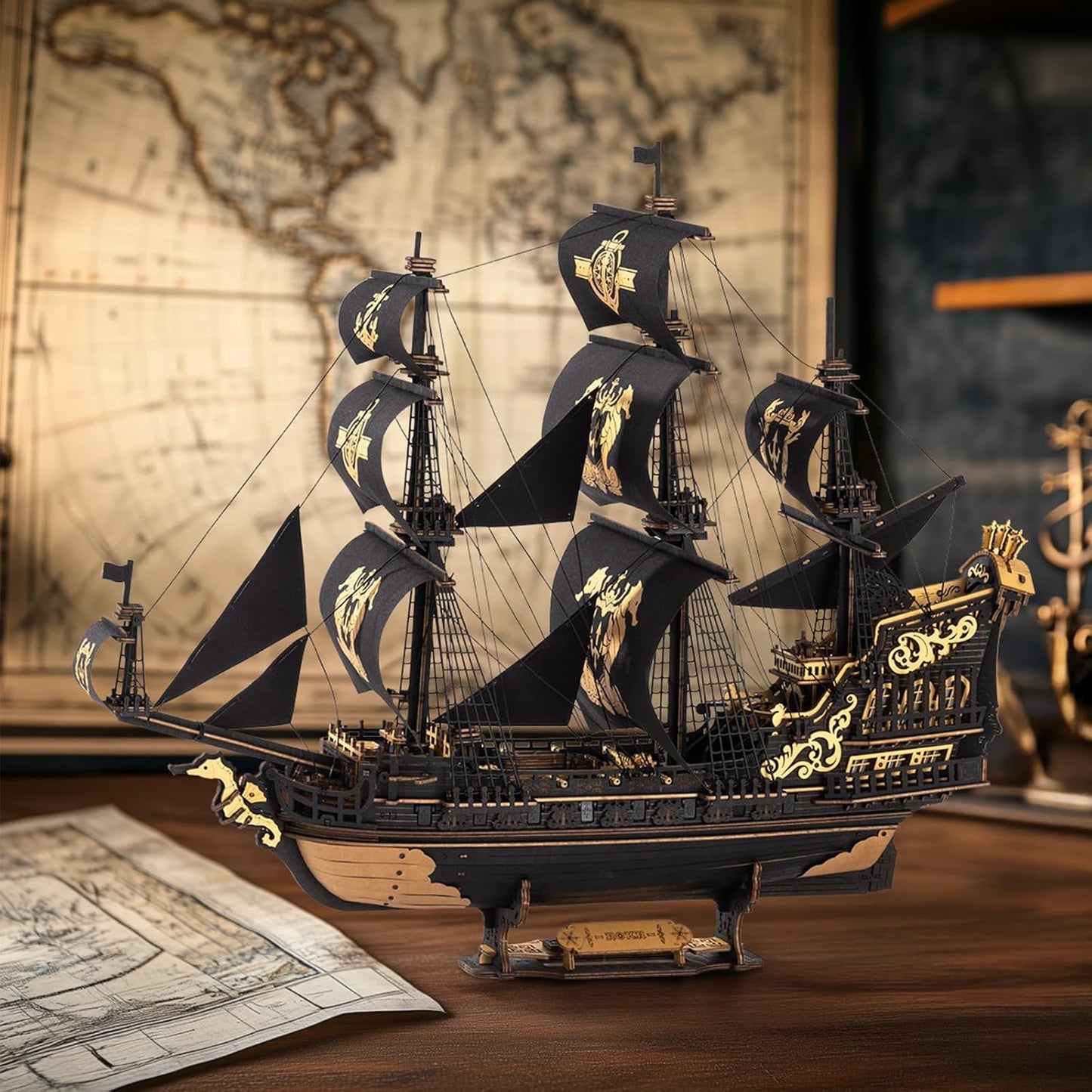 Puzzle 3D din lemn, model de barca cu panze si calut de mare, kit de constructie pentru adulti, decoratiuni artizanale, 603 piese, 47×18×39 cm, cadou special pentru barbati