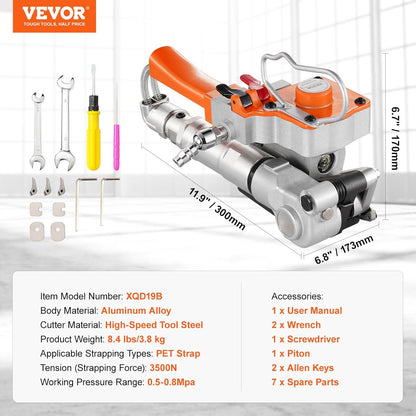 Aparat pneumatic de legat banda PP/PET, latime 12, 7-19 mm, forta mare intindere 3500N, presiune 0, 5-0, 8 MPa, pentru hartie, aluminiu, otel, lemn, fibre chimice, bumbac, panouri din lemn, marmura, caramizi