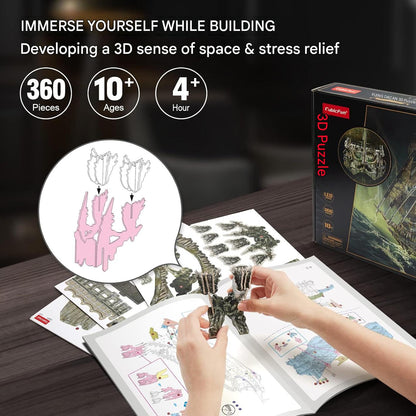 Puzzle 3D LED corabia fantoma Olandezul Zburator, 360 piese, model de colectie cu iluminare LED, dimensiuni 67 x 26, 6 x 63, 5 cm, montaj fara lipici si unelte, constructie EPS, cadou pentru adulti, adolescenti si colectionari, 14+ ani