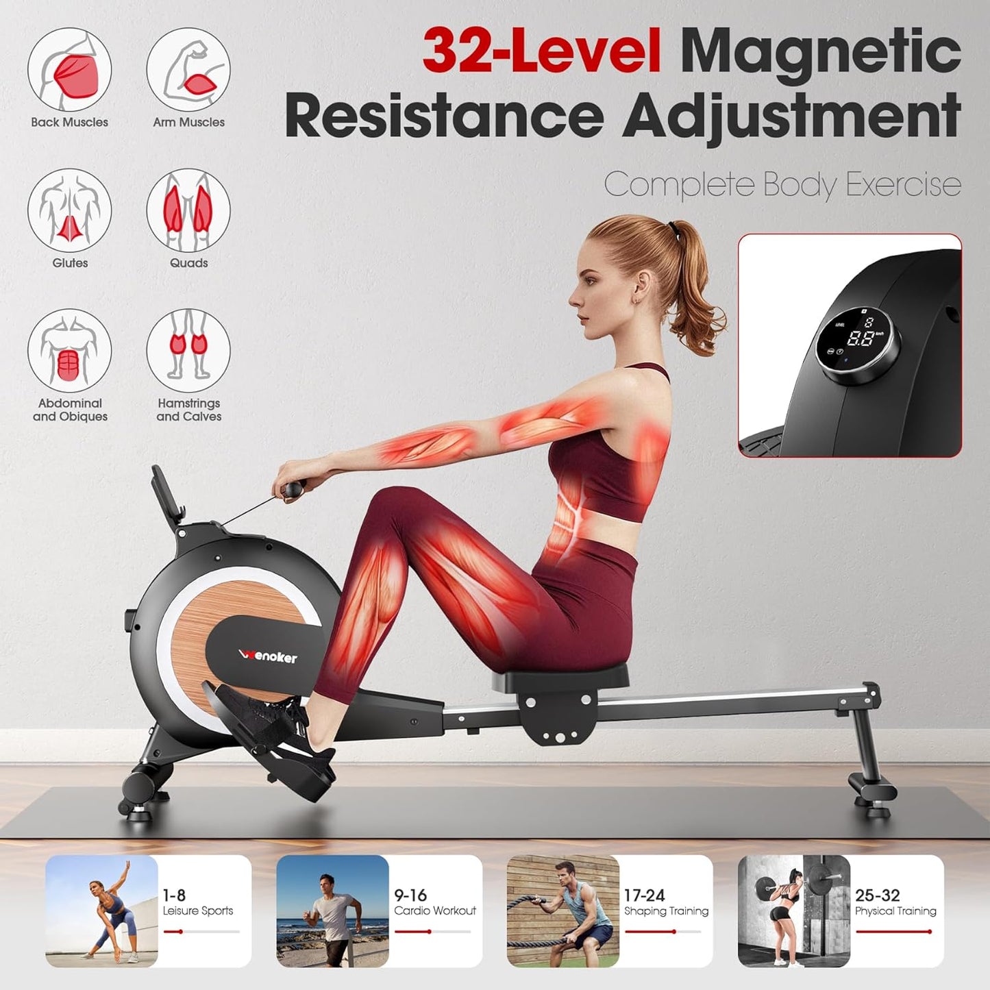 Aparat de vaslit cu sarcina magnetica reglabila pe 32 niveluri, suport smartphone/tableta, greutate utilizator max. 160 kg, compatibil Kinomap, Zwift