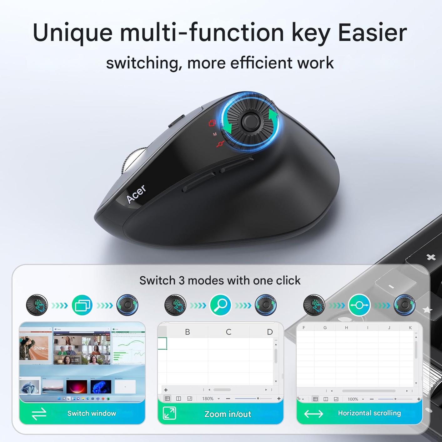 Mouse Wireless vertical Acer, Bluetooth 5.2 + 2.4GHz, 4000 DPI, 8 butoane, rotita scroll laterala, conectare 3 dispozitive, ergonomic 59°, negru