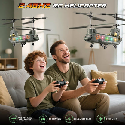 Elicopter cu telecomanda VATOS Chinook RC 2.4GHz, elicopter militar cu 2 motoare si 2 baterii reincarcabile, mentinere altitudine, decolare si aterizare cu un singur buton, lumini LED, sistem anti-blocare, zbor interior/exterior, pentru copii si adulti