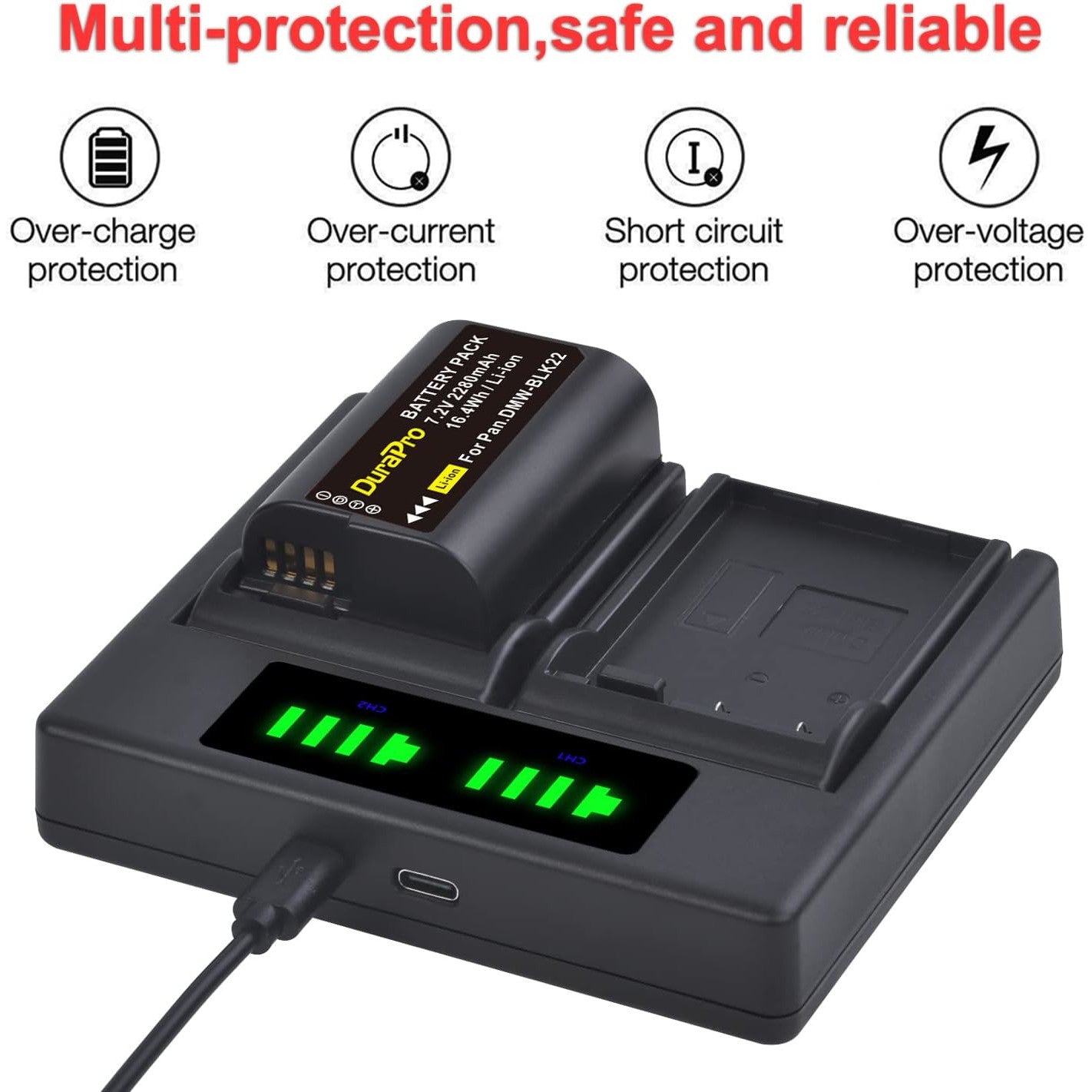 Set 2 acumulatori DWM-BLK22 de 2280 mAh si incarcator dual cu afisaj LED, USB-C si Micro USB, pentru Panasonic DMW-BTC15 Lumix DC-GH5 II, DC-GH6, DC-S5, G9, GH5, GH5S, DC-S5 II, DC-S5 IIX, DC-S5K