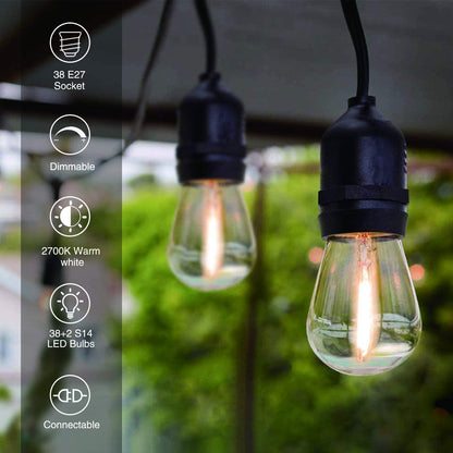 Ghirlanda luminoasa LED 39 m cu 38 de becuri E27, impermeabil IP65, 2700K, clasa energetica A+