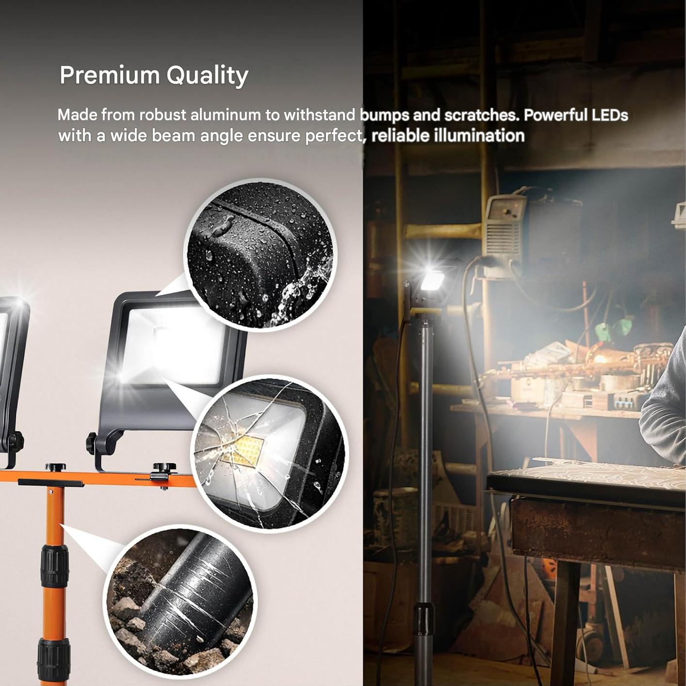 Proiector LED OSRAM cu trepied, 2 x 50W, 9000 lm, alb rece 4000K, CRI ≥80, inaltime reglabila pana la 1, 8 m, capete duble rotative 360°/180°, IP65, carcasa din aluminiu si otel, lumina puternica pentru santier, atelier si lucrari profesionale