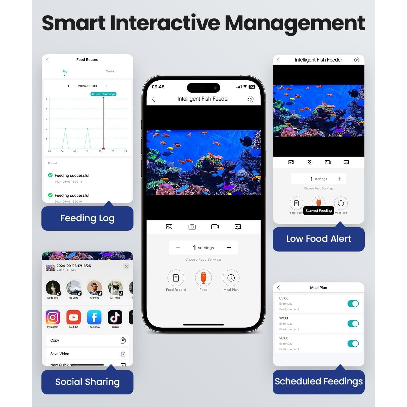 Hranitor pentru pesti, smart, Wifi, de acvariu, cu camera 2.5K, monitorizare 24/7, nightvision, control prin aplicatie, rezistent la umiditate, 230 ml, hranire continua, portii ajustabile