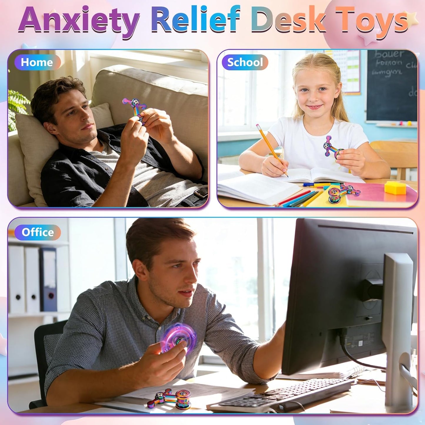 Fidget spinner Coolden, jucarie antistres pentru adulti si copii, metalic, rotire silentioasa EDC, relaxare, ADHD, anxietate, stres, multicolor