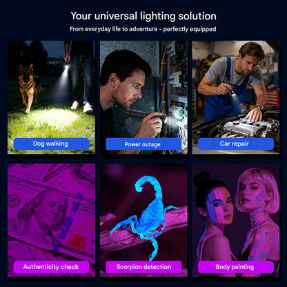Lanterna 2 in 1 LED/UV reincarcabila 500.000 lumeni cu zoom, 4 moduri, afisaj LCD, reglare intensitate, powerbank, IP67 – Ideala pentru camping, pescuit, inspectii, negru, clasa energetica A