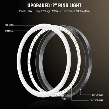 Ring Light LED cu trepied si brat cu menghina,Lampa circulara cu suport smartphone, telecomanda, montura cap tip bila, adaptor de la 5/8" la 3/8" si adaptor de la 1/4" la 5/8", pentru machiaj, vlog, streaming, inregistrare video