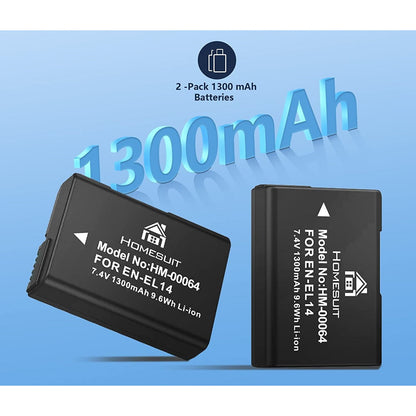 Set de 2 acumulatori EN-EL14 1300 mAh cu incarcator dual cu display LCD, pentru Nikon D5600, D3300, D3500, D5100, D5500, D3100, D3200, D5200, D5300, Coolpix P7000, P71000000, P710000, P710000, P71000, P710000, P7070