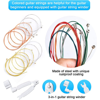 Set accesorii chitara cu 66 de piese, cu acordor, capodastru, pene, corzi pentru chitara, pini, 5 protectii degete din silicon