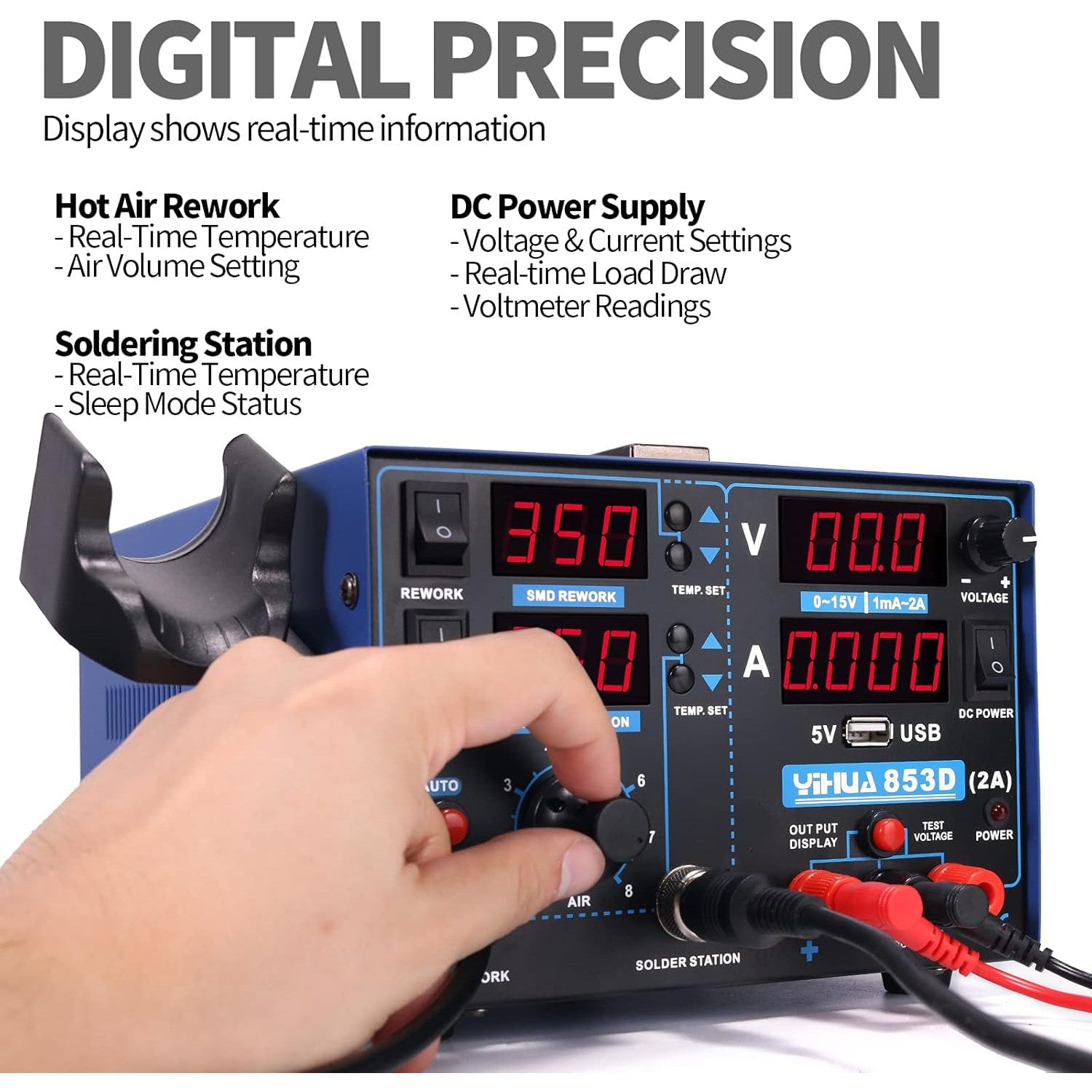 Statie de lipit si dezlipit 3 in 1 cu sursa de laborator reglabila 0-35V 0-5A, letcon, testare a curentului si tensiunii, port USB 5V, temperatura reglabila, mod auto/manual, pentru reparatii de telefoane mobile si electronice