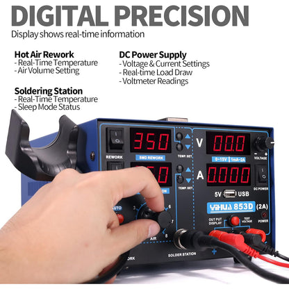 Statie de lipit si dezlipit 3 in 1 cu sursa de laborator reglabila 0-35V 0-5A, letcon, testare a curentului si tensiunii, port USB 5V, temperatura reglabila, mod auto/manual, pentru reparatii de telefoane mobile si electronice