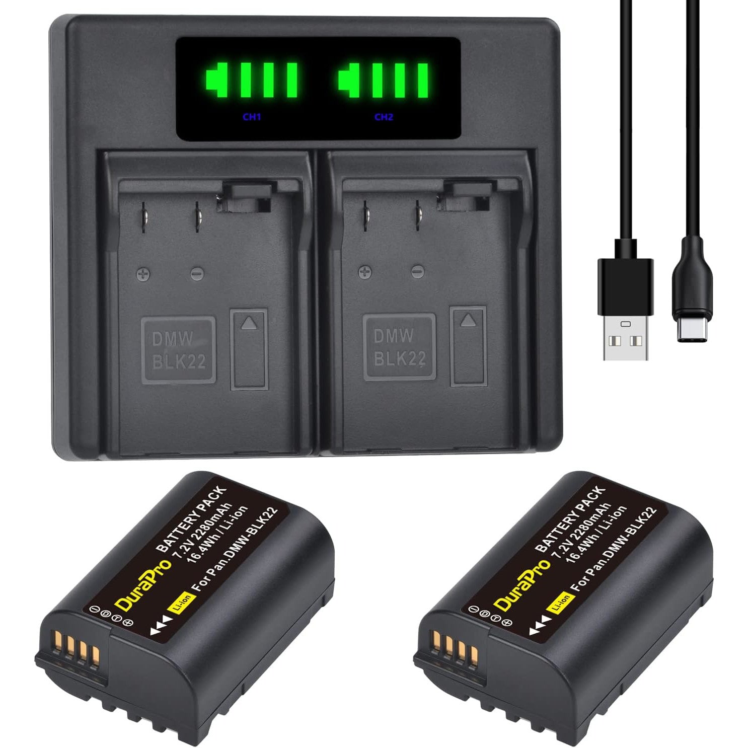 Set 2 acumulatori DWM-BLK22 de 2280 mAh si incarcator dual cu afisaj LED, USB-C si Micro USB, pentru Panasonic DMW-BTC15 Lumix DC-GH5 II, DC-GH6, DC-S5, G9, GH5, GH5S, DC-S5 II, DC-S5 IIX, DC-S5K