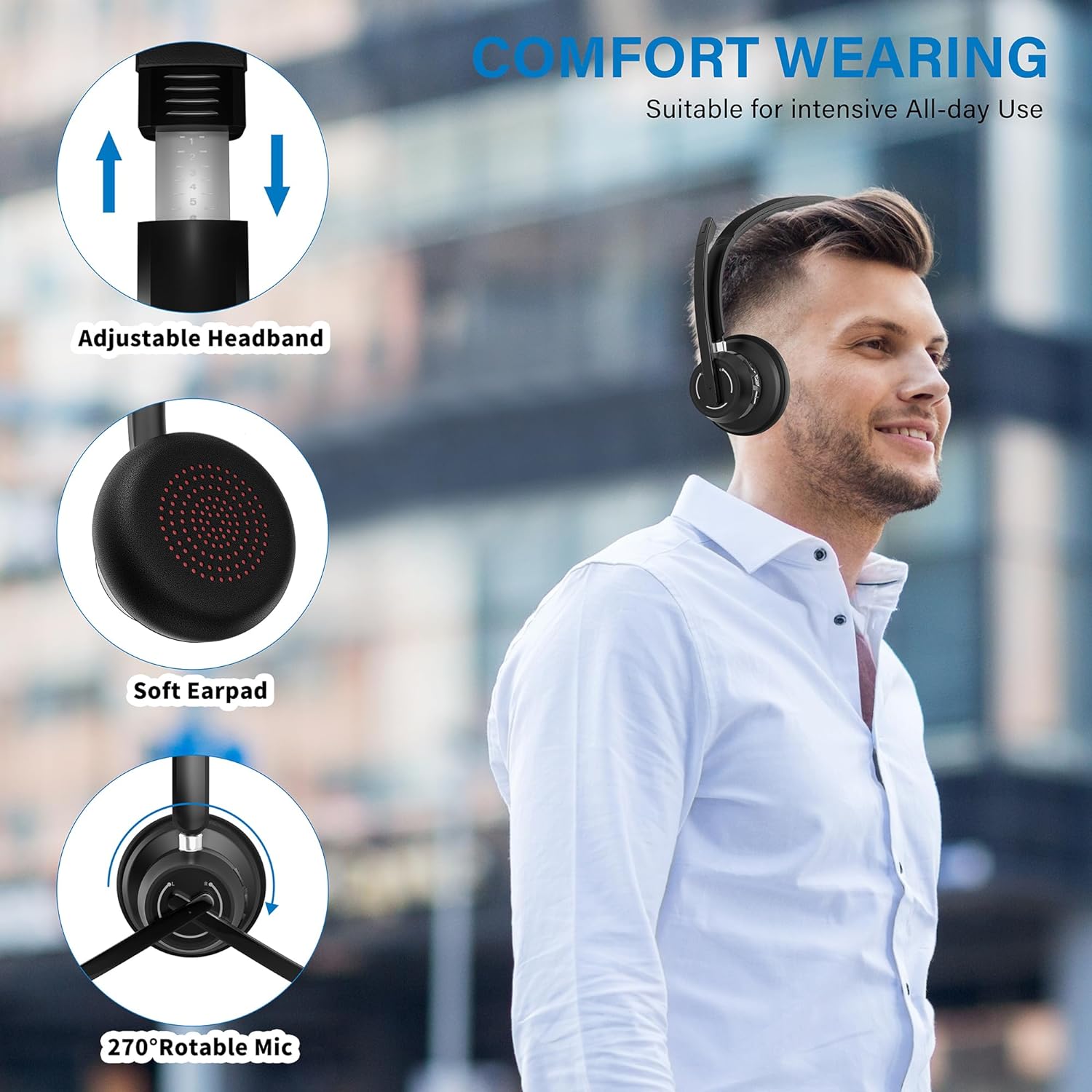 Casca call center wireless cu Bluetooth 5.1, adaptor Bluetooth USB, microfon cu anulare zgomot reglabil 270°, timp indelungat de utilizare, pentru PC, Laptop, Skype, Zoom