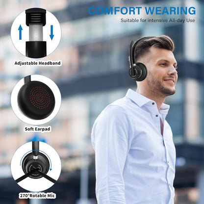 Casca call center wireless cu Bluetooth 5.1, adaptor Bluetooth USB, microfon cu anulare zgomot reglabil 270°, timp indelungat de utilizare, pentru PC, Laptop, Skype, Zoom