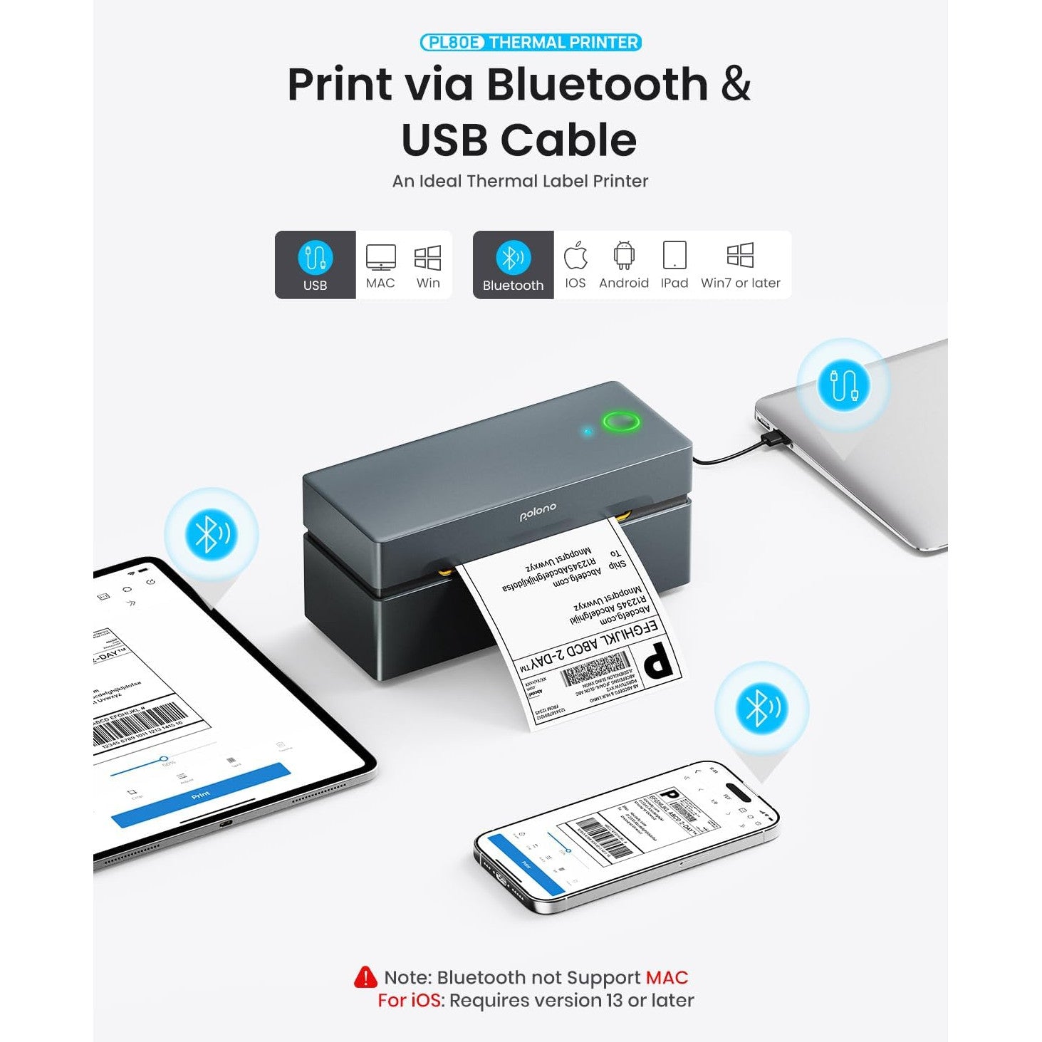 Imprimanta termica Bluetooth, pentru etichete rola si pliabile 4 x 6 inch, 150 mm/s, 230 DPI, compatibila iOS, Android, Windows, Mac, Amazon, Shopify, Etsy, USPS, gri