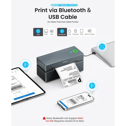 Imprimanta termica Bluetooth, pentru etichete rola si pliabile 4 x 6 inch, 150 mm/s, 230 DPI, compatibila iOS, Android, Windows, Mac, Amazon, Shopify, Etsy, USPS, gri