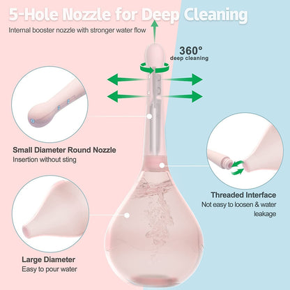 Irigator intim pentru clatire intestinala si vaginala, Zggzerg, Design anti-retur, 150 ml, Cap cu 5 duze, Ergonomic, Reutilizabile, Pentru igiena intima, Portabil si usor de folosit, ABS, Roz