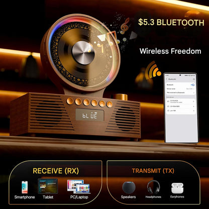 CD player portabil ROADOM Bluetooth 5.3, difuzoare duale Hi-Fi, baterie 4000 mAh, 6 in 1 CD, USB, TF, FM, AUX, lumina RGB, telecomanda, design retro vintage din lemn, maro