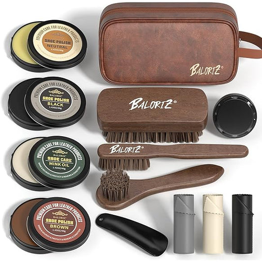 Set complet ingrijire si lustruire pantofi din piele, 13 piese – Crema pantofi negru, maro si neutru, ulei, perii profesionale din par de cal pentru curatare si lustruire, lavete microfibra, burete curatare, incaltator si geanta piele pentru depozitare
