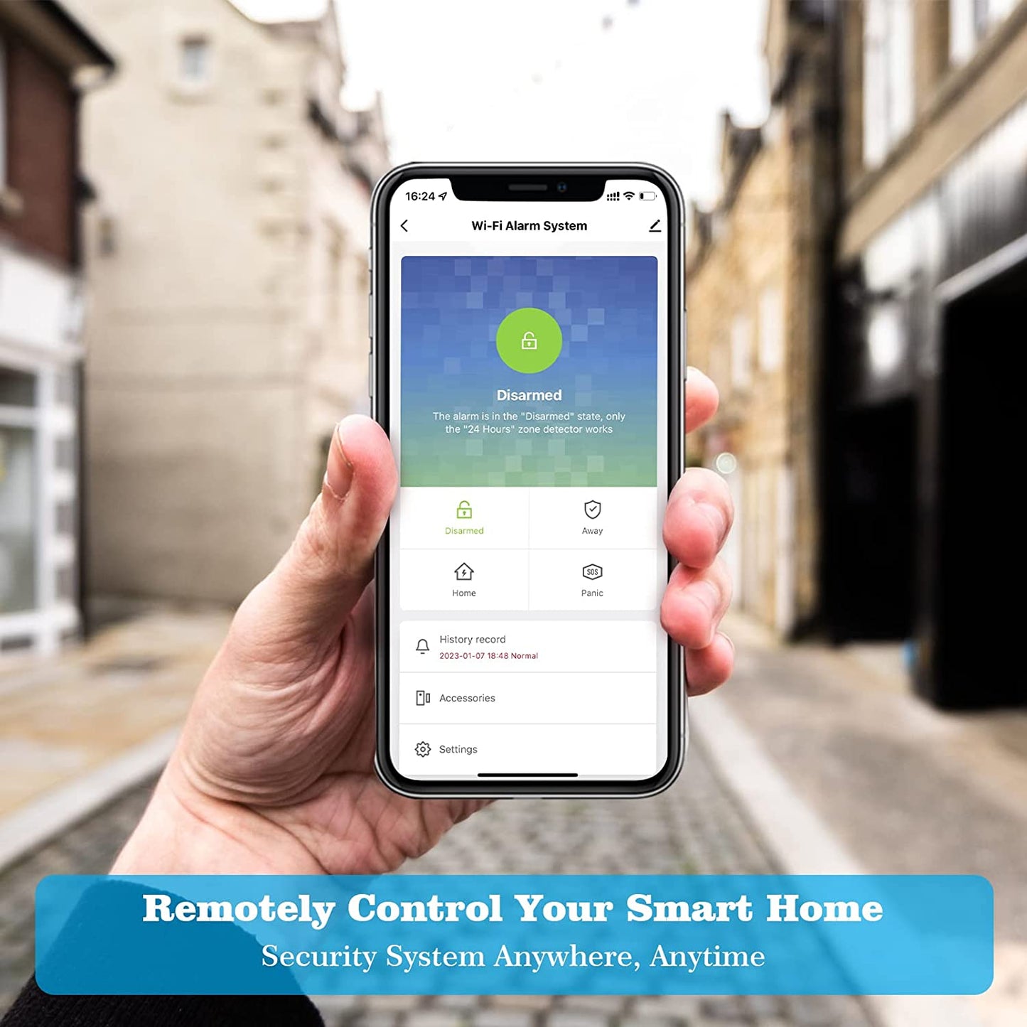 Sistem de alarma WiFi smart, pentru usi si ferestre, cu 10 senzori, magnetici, senzor de miscare, 2 telecomenzi, sirena 120 dB si unitate centrala cu afisaj si iluminata