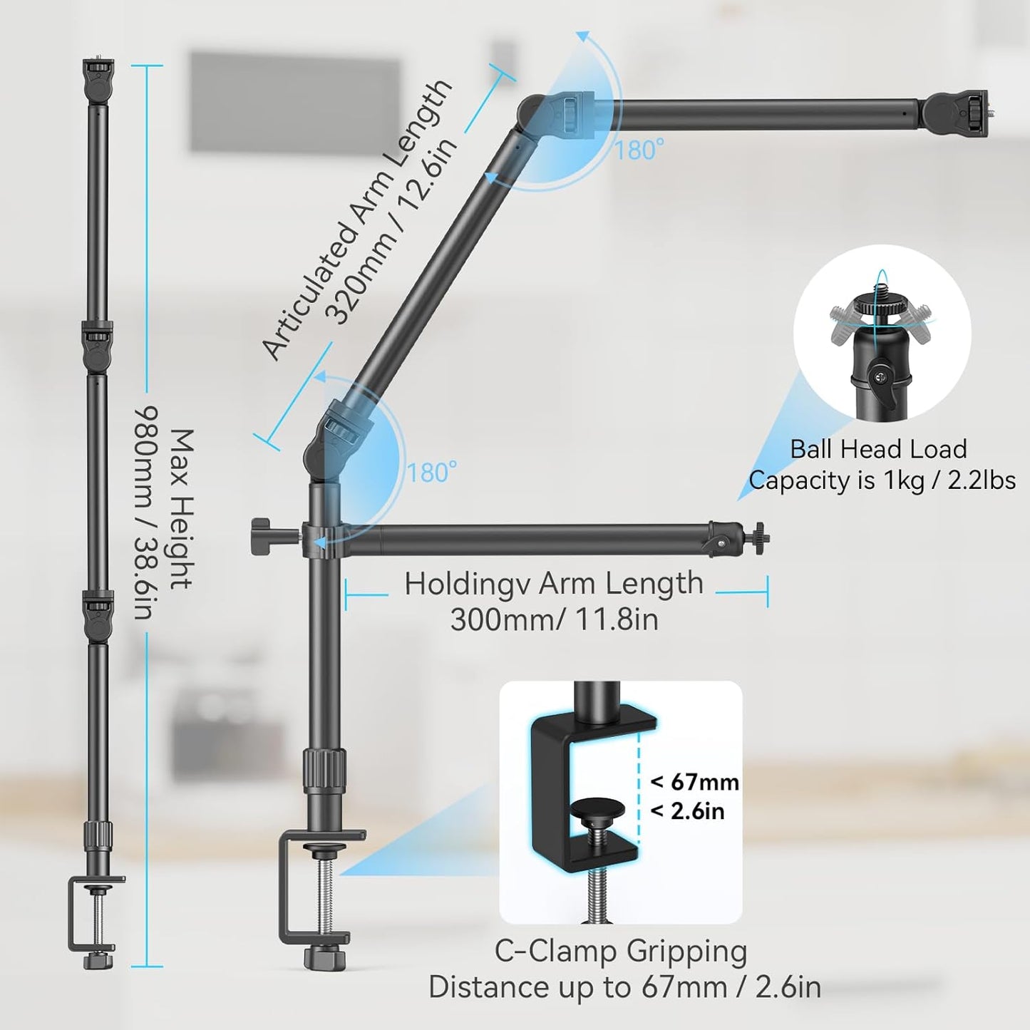 Stativ foto pentru camere DSLR, suport cu 2 brate SMALLRIG, brat detasabil flexibil, cap sferic 360°, cu surub 1/4 inch, clema C pentru fixare pe masa, ideal pentru fotografii, videografie, streaming live, vlogging si productie video profesionala