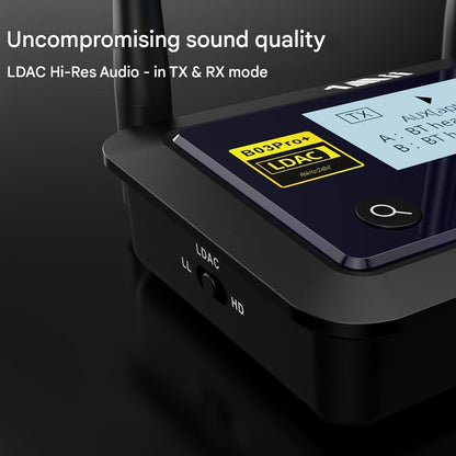Adaptor Bluetooth 3 in 1 1Mii B03Pro+ pentru TV si HiFi, emitator-receptor LDAC / AptX HD, ecran LCD 1,7”, RCA / Optic / AUX 3,5 mm, latenta redusa, raza lunga de actiune 80 m