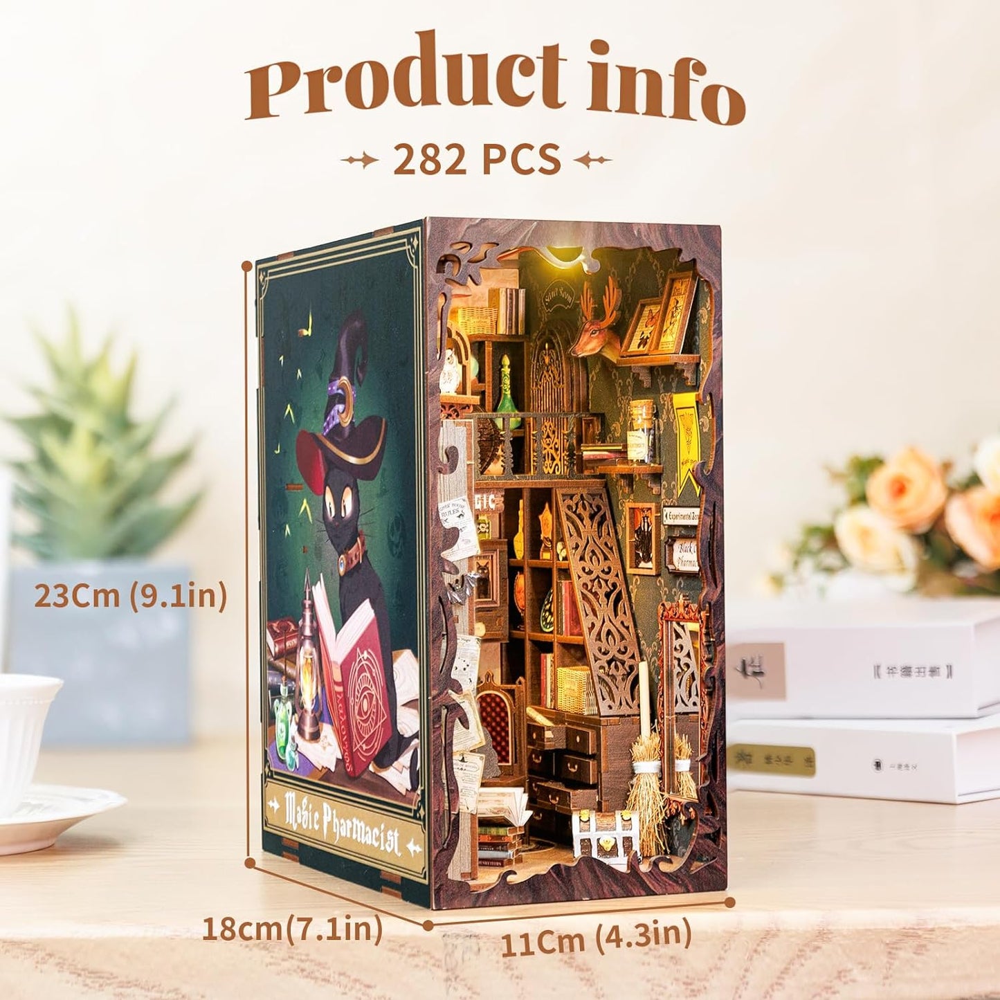 Puzzle 3D Cotor de carte DIY, Magician, Cu lumini LED, 282 piese, Book Nook Magic Pharmacist, Cutebee