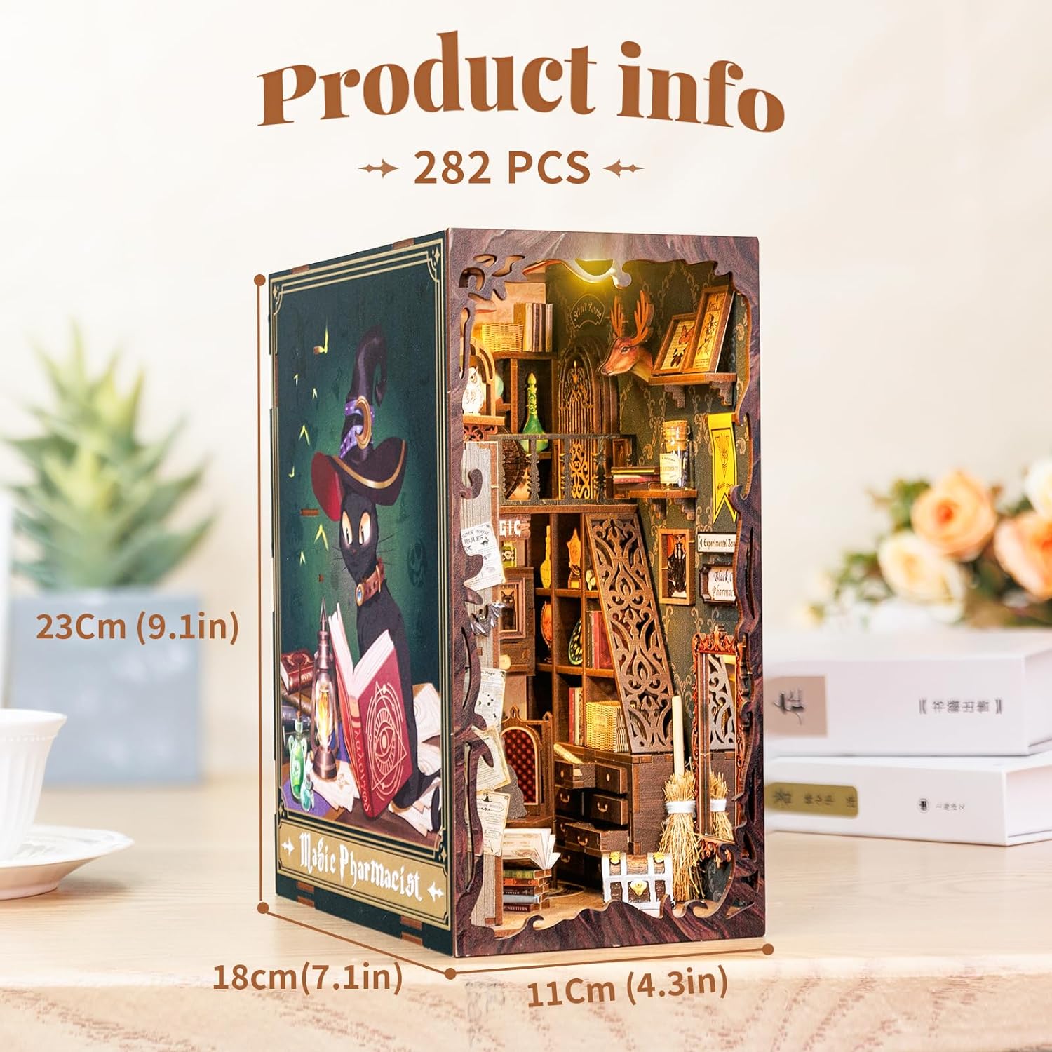 Puzzle 3D Cotor de carte DIY, Magician, Cu lumini LED, 282 piese, Book Nook Magic Pharmacist, Cutebee