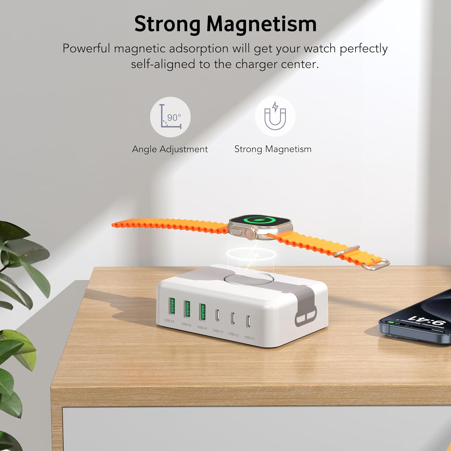 Incarcator retea 125W cu stand incarcare magnetic pentru Apple Watch, 3 porturi USB-C si 3 porturi USB-A, sursa alimentare cu incarcare rapida 20W pentru iPhone, iPad, Samsung, Huawei, Redmi