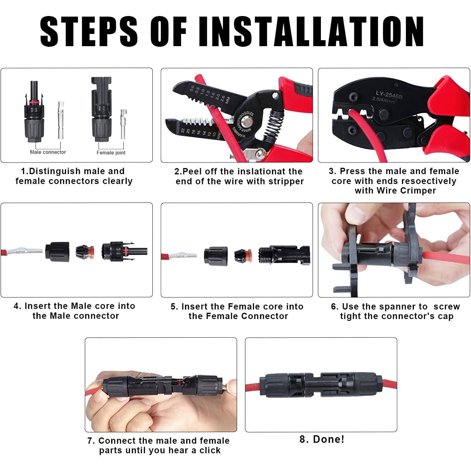 Kit de sertizare cablu solar 2.5/4/6 mm² cu cleste de sertizat si cleste de dezizolat, cu 12 conectori MC4 si 2 conectori splitter, geanta de transport si chei speciale