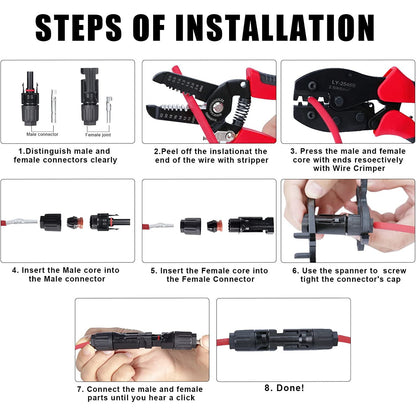 Kit de sertizare cablu solar 2.5/4/6 mm² cu cleste de sertizat si cleste de dezizolat, cu 12 conectori MC4 si 2 conectori splitter, geanta de transport si chei speciale