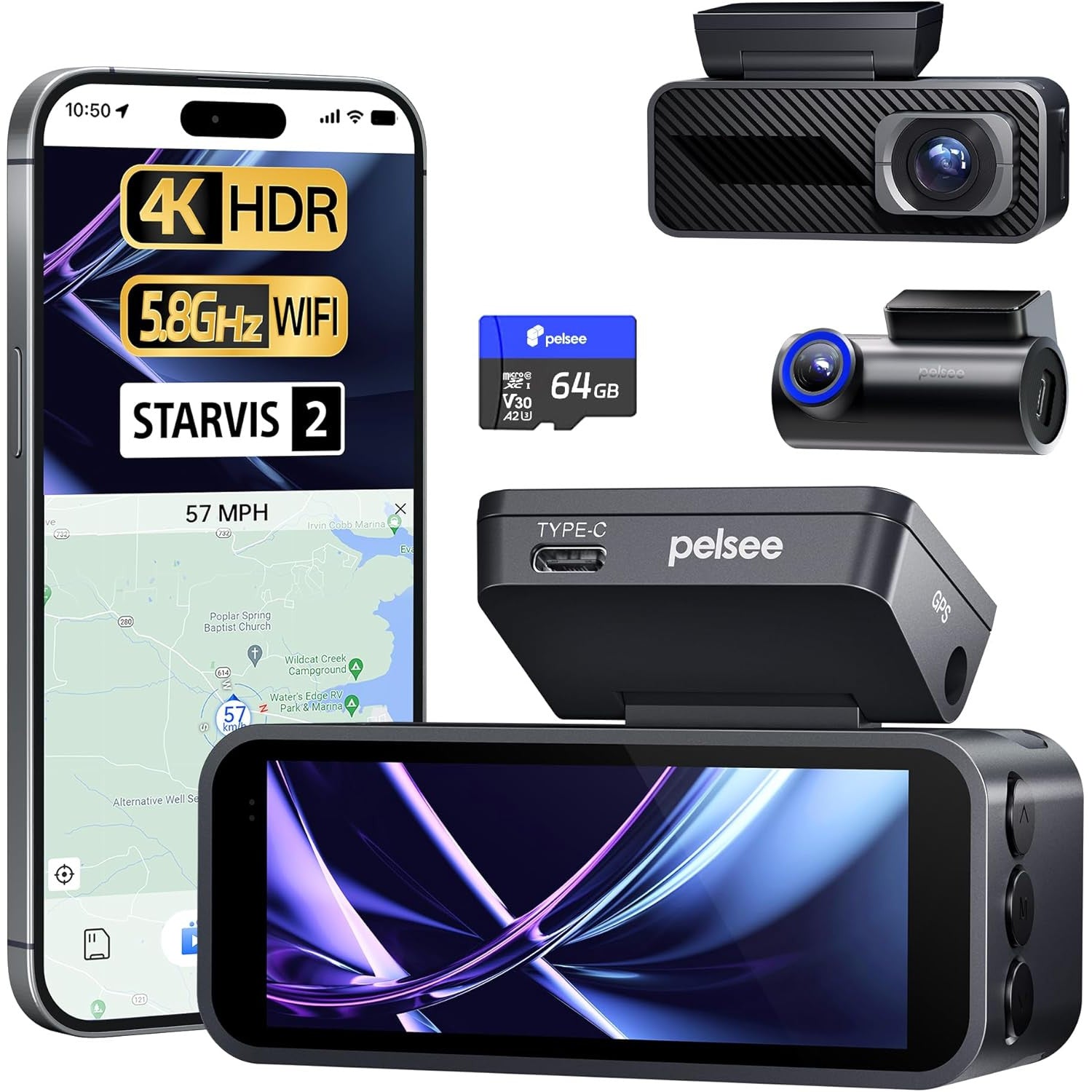 Camera auto Pelsee P1 Pro Dual 4K UHD Fata + 1080P spate, Sony STARVIS 2, unghi 170°, HDR/WDR, ADAS, senzor G, GPS integrat, WiFi Dual Band 2.4/5.8GHz, vedere nocturna color, monitorizare parcare 24H, ecran IPS 3.39”, card SD 64GB