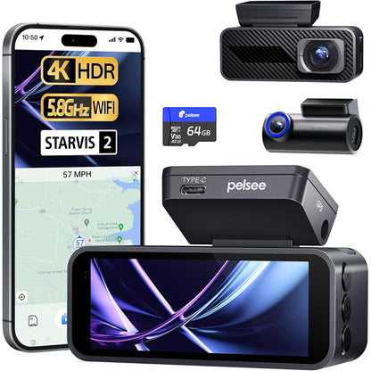 Camera auto Pelsee P1 Pro Dual 4K UHD Fata + 1080P spate, Sony STARVIS 2, unghi 170°, HDR/WDR, ADAS, senzor G, GPS integrat, WiFi Dual Band 2.4/5.8GHz, vedere nocturna color, monitorizare parcare 24H, ecran IPS 3.39”, card SD 64GB