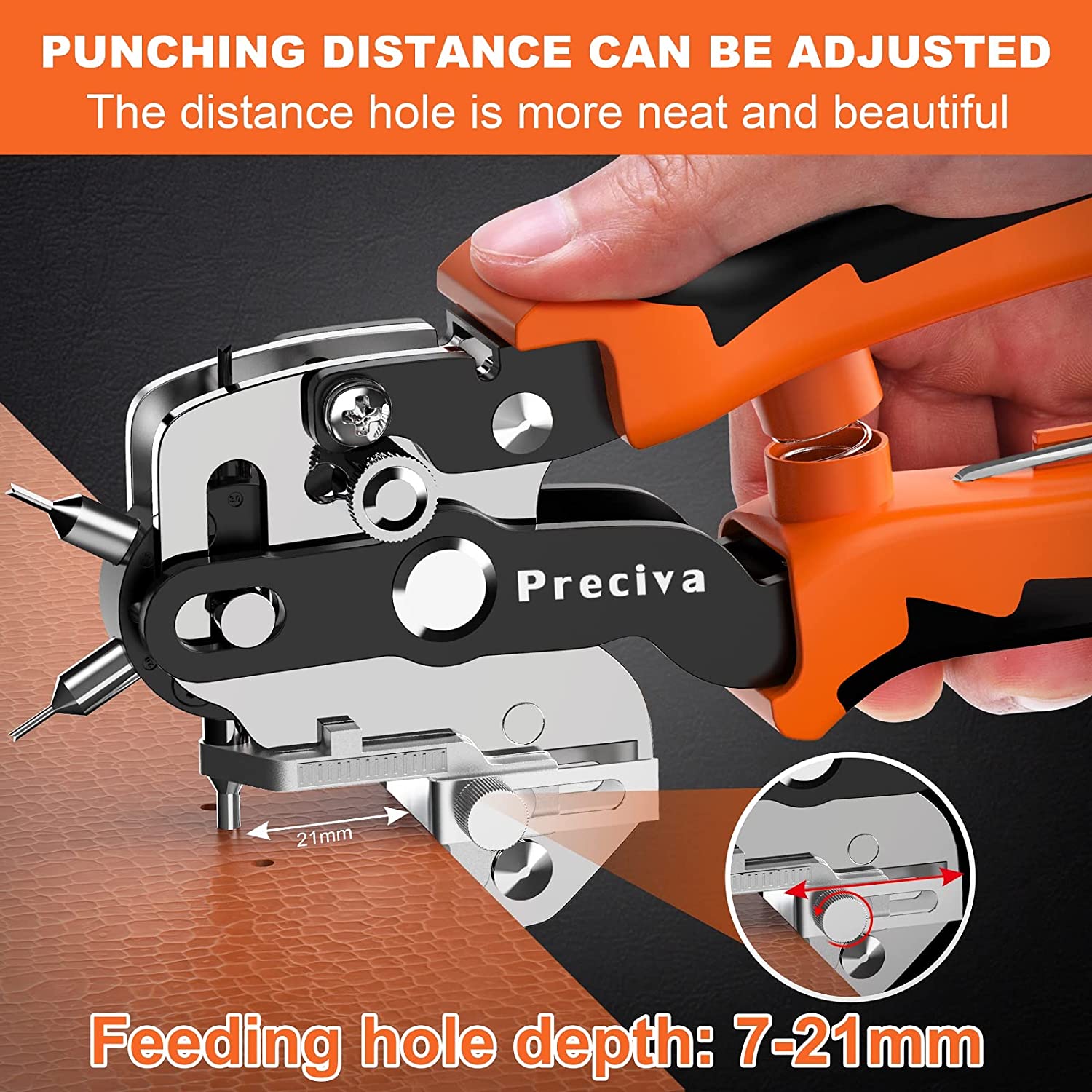 Cleste preducea pentru perforare rotativ, profesional, 2-4.5 mm, adancime reglabila 7-21 mm, transmisie cu parghie, perforator pentru piele, material textil, carton, Preciva
