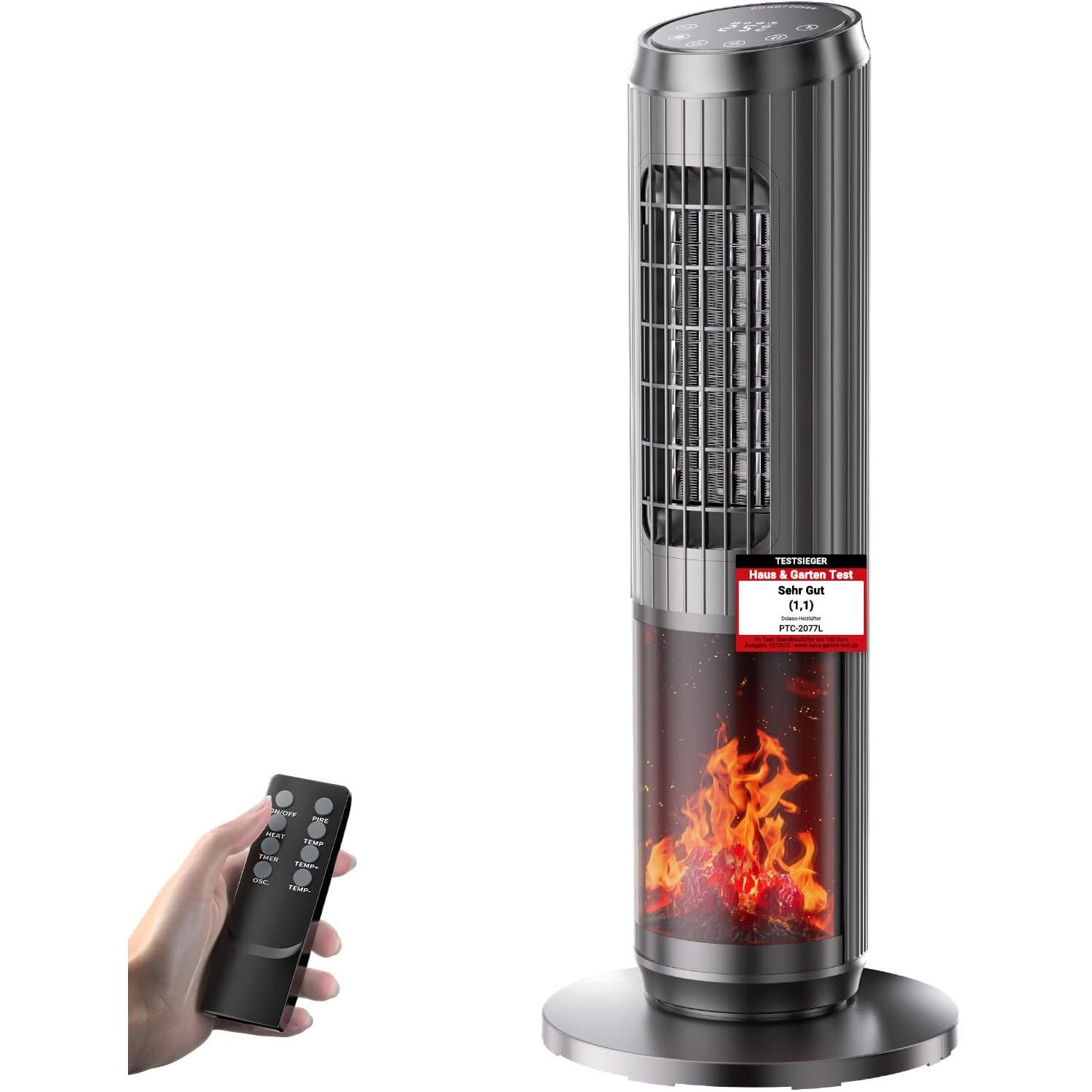 Incalzitor electric ceramic tip turn Dolaso 2000 W cu ventilator, tehnologie PTC, efect flacara, oscilatie 70°, termostat, 3 moduri, telecomanda, timer 1–8 h, protectie supraincalzire, negru
