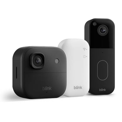 Set camera de supraveghere exterior Blink 2K+ + sonerie video inteligenta, sistem wireless de securitate, rezolutie 2K Ultra HD, vizualizare color in lumina scazuta, vedere nocturna in infrarosu, audio bidirectional, modul de baza de sincronizare inclus