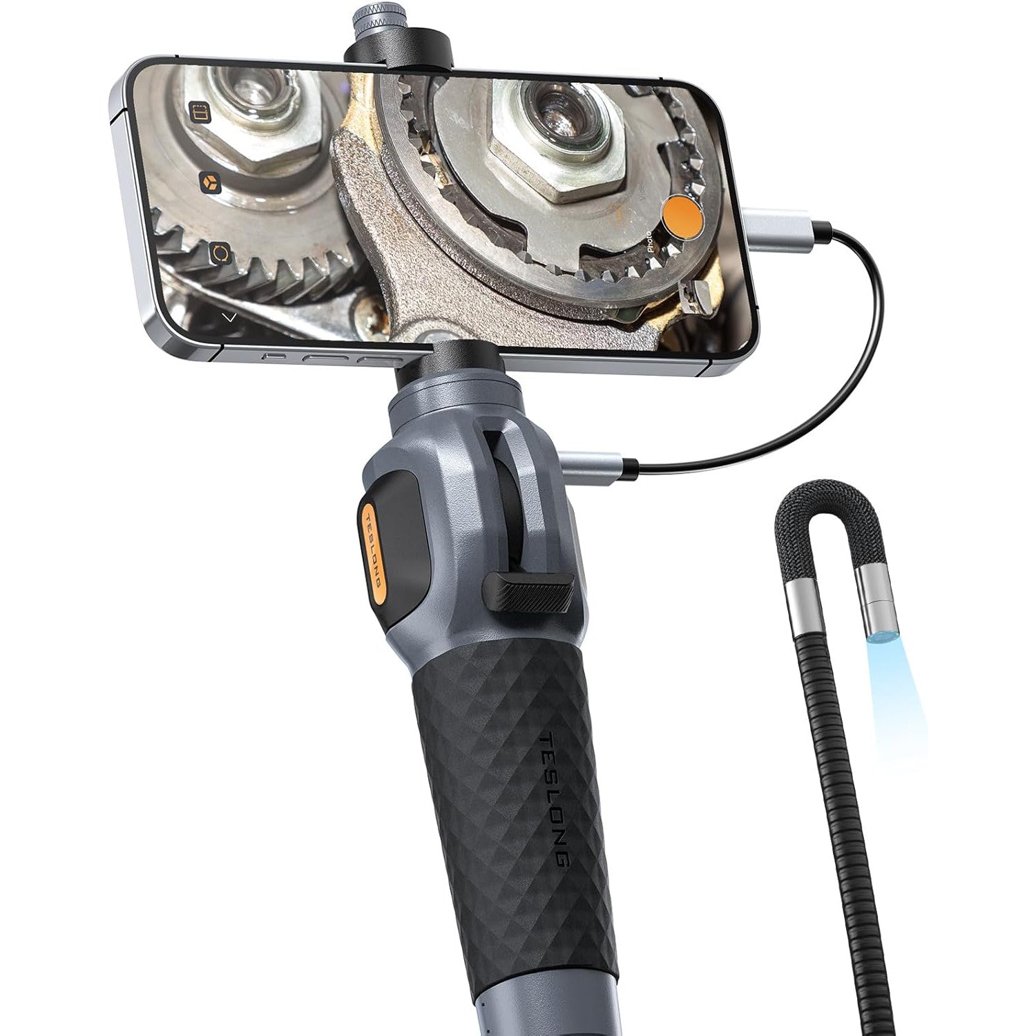 Endoscop industrial, camera de inspectie cu cap rotativ 8.5 mm, lumini LED dimabile, tub semirigid de 1.55 m, compatibil iPhone 15/16 si Android