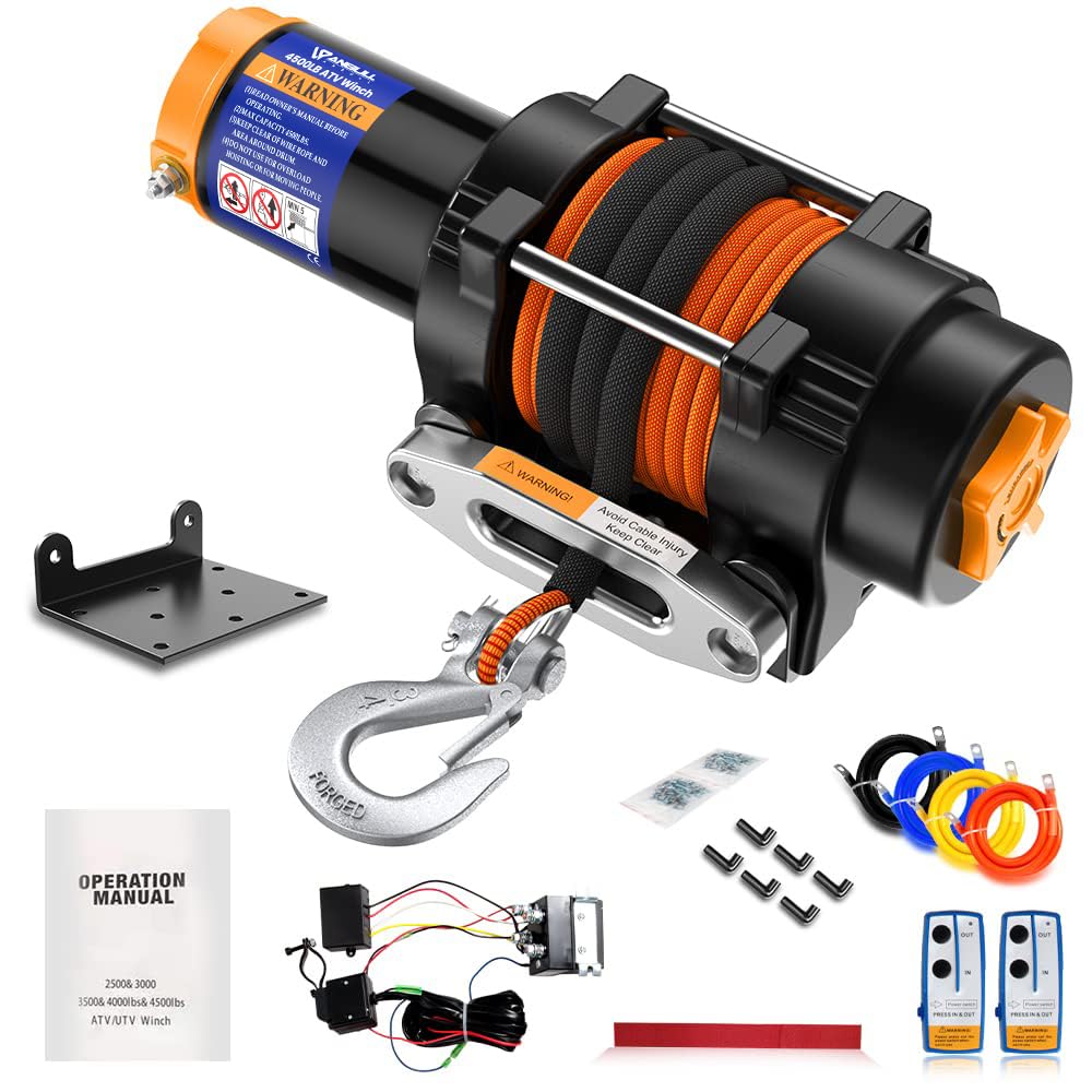 Troliu electric Anbull 12V pentru ATV si UTV – Capacitate 4500 Lbs / 2045 kg, franghie sintetica si nailon, rezistent la apa IP67, cu suport de montare si 2 telecomenzi wireless incluse, ideal pentru Off-Road si tractari