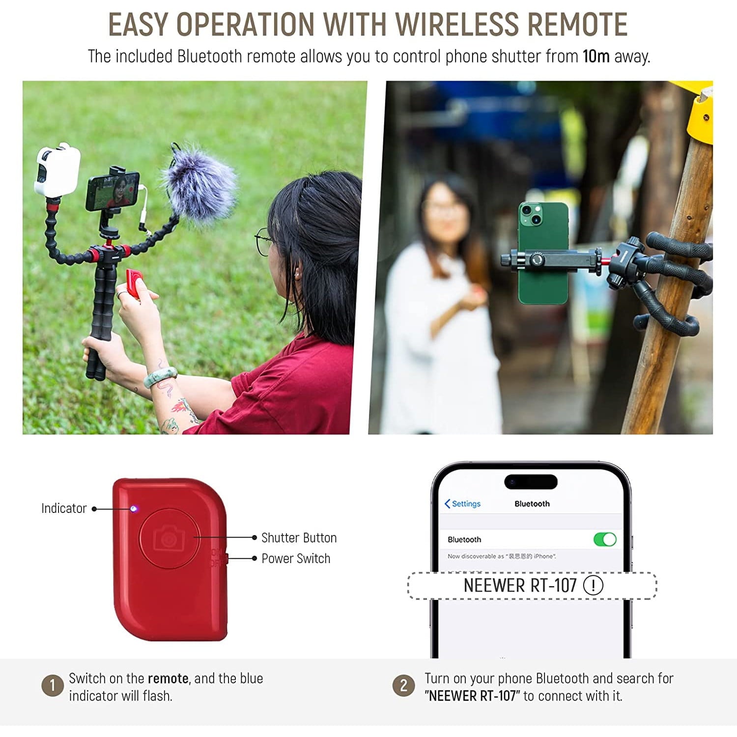 Trepied flexibil cu 2 brate detasabile cu montura cold shoe, cu telecomanda, montura cap rotativ tip bila, sarcina maxima 2 kg, pentru smartphone, video streaming, vlog, inregistrare