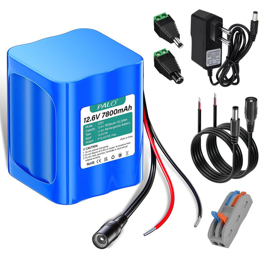 Acumulator 12.6V 7800 mAh, baterie Li-ion cu incarcator, mufe si cablu alimentare mama/tata, suporta incarcare de la panou solar, pentru RC, camere wireless, camere supraveghere, playere portabile, benzi LED, drone, router wireless