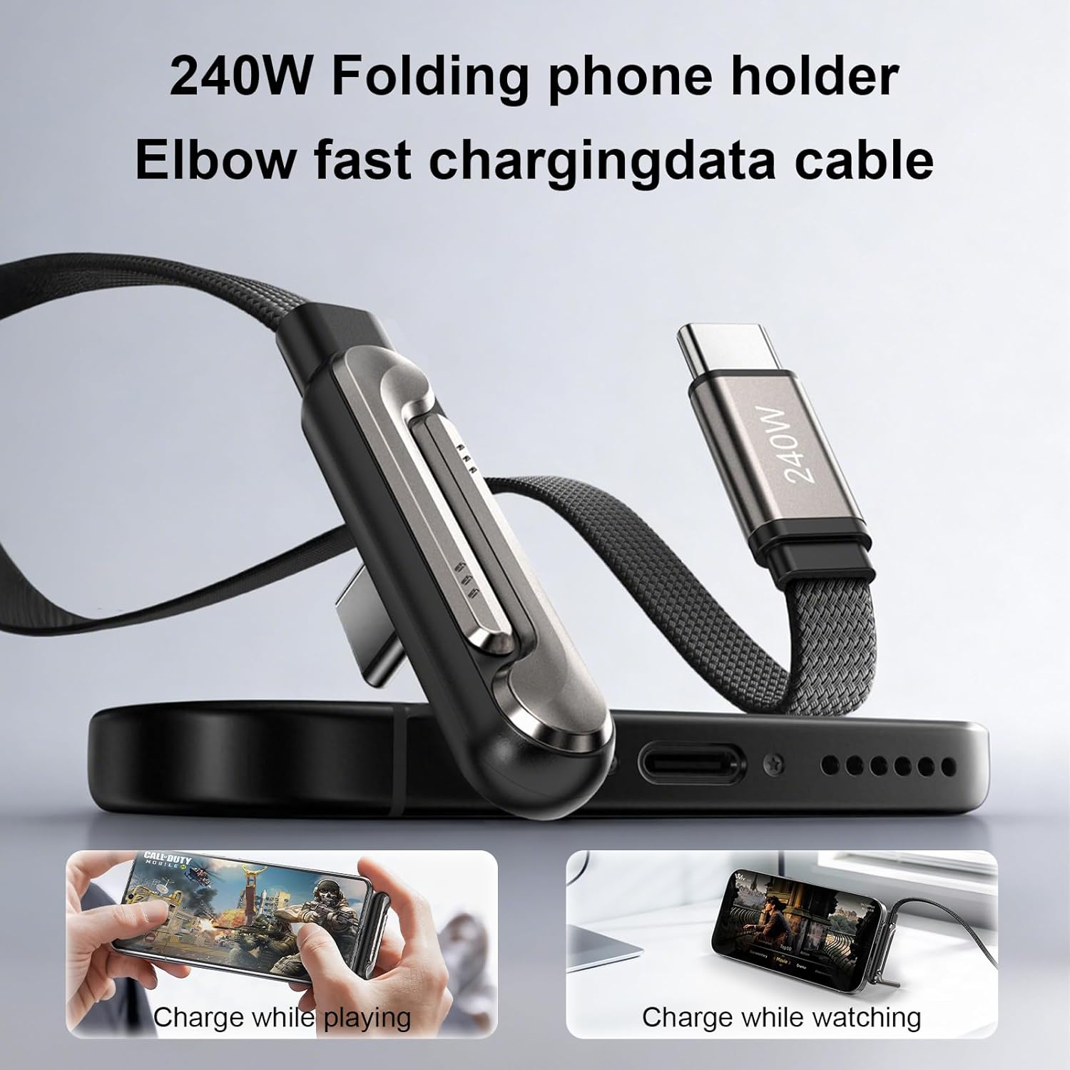 Cablu USB-C la USB-C Coolden 1, 5 m, pachet 2 bucati, incarcare rapida 240 W cu suport integrat pentru telefon mobil, transfer date 480 Mbps, compatibil iPhone 15/16/17 si alte dispozitive Type-C