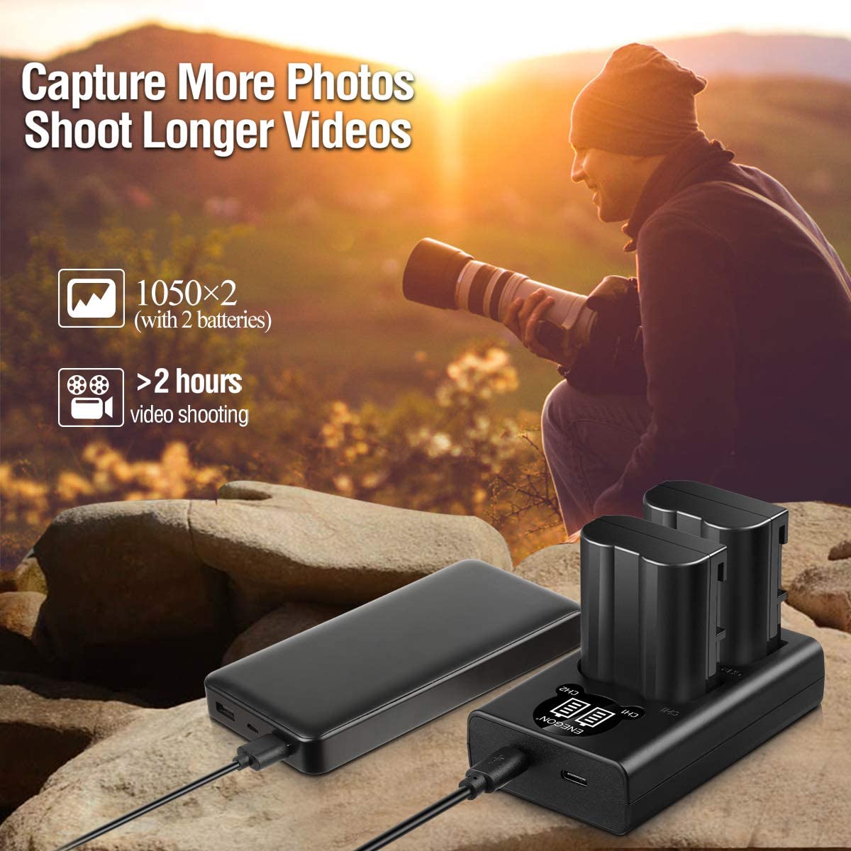 Set 2 acumulatori 1900 mAh, EN-EL15/EL15a, baterii + incarcator, pentru Nikon D7100, D750, D7000, D7200, D610, D880, D810