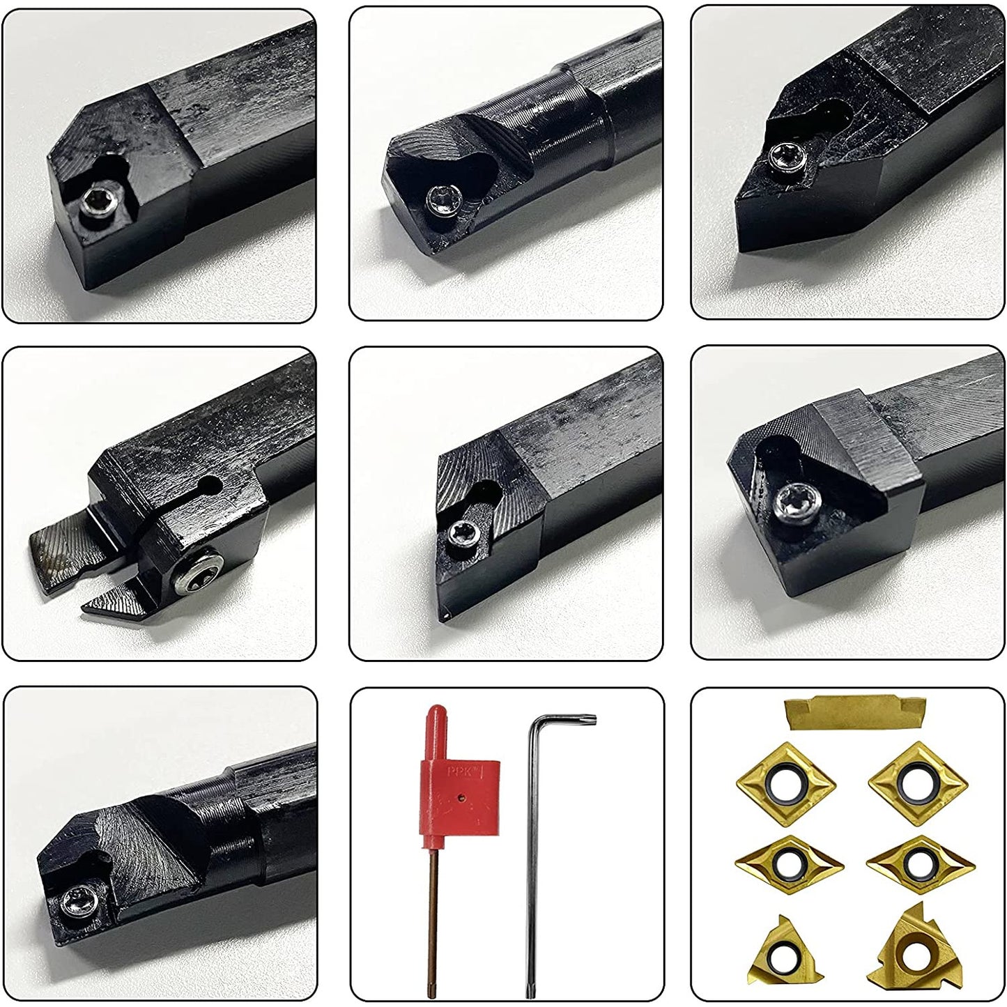 Set cutite de strung cu placute amovibile, 7 pese de strunjit cu insertii din carbura 12 mm cu bara de gaurit si 7 chei T8